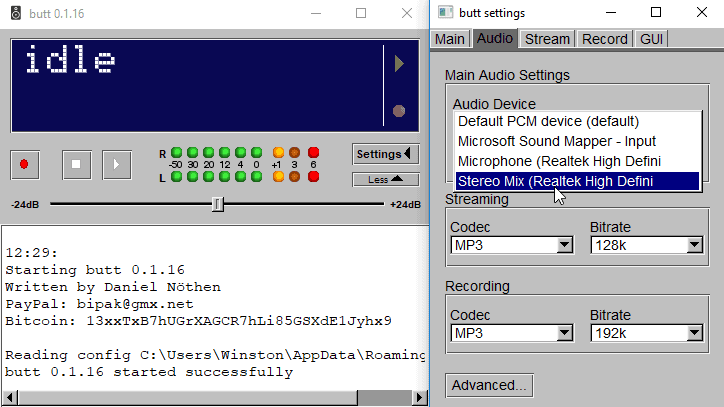 BUTT audio settings with Stereo Mix selected