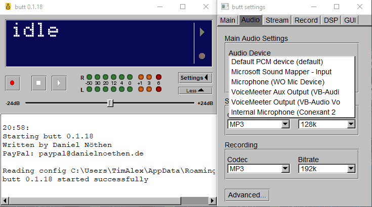 BUTT with VoiceMeeter output selected
