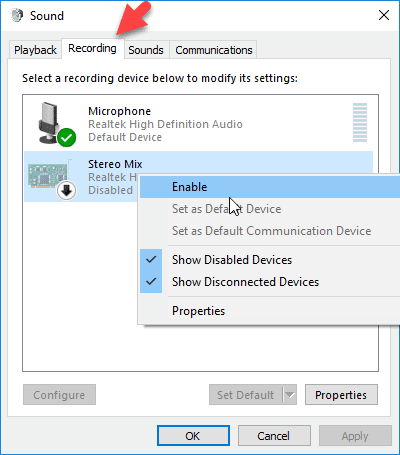 Stereo Mix in Windows Recording tab
